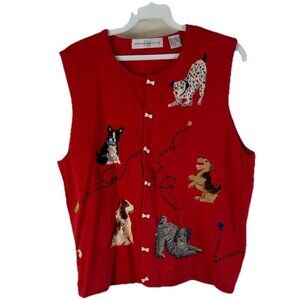 VTG 90s Whimsy Cardigan Sweater Vest Puppy Dog Bone Buttons Novelty